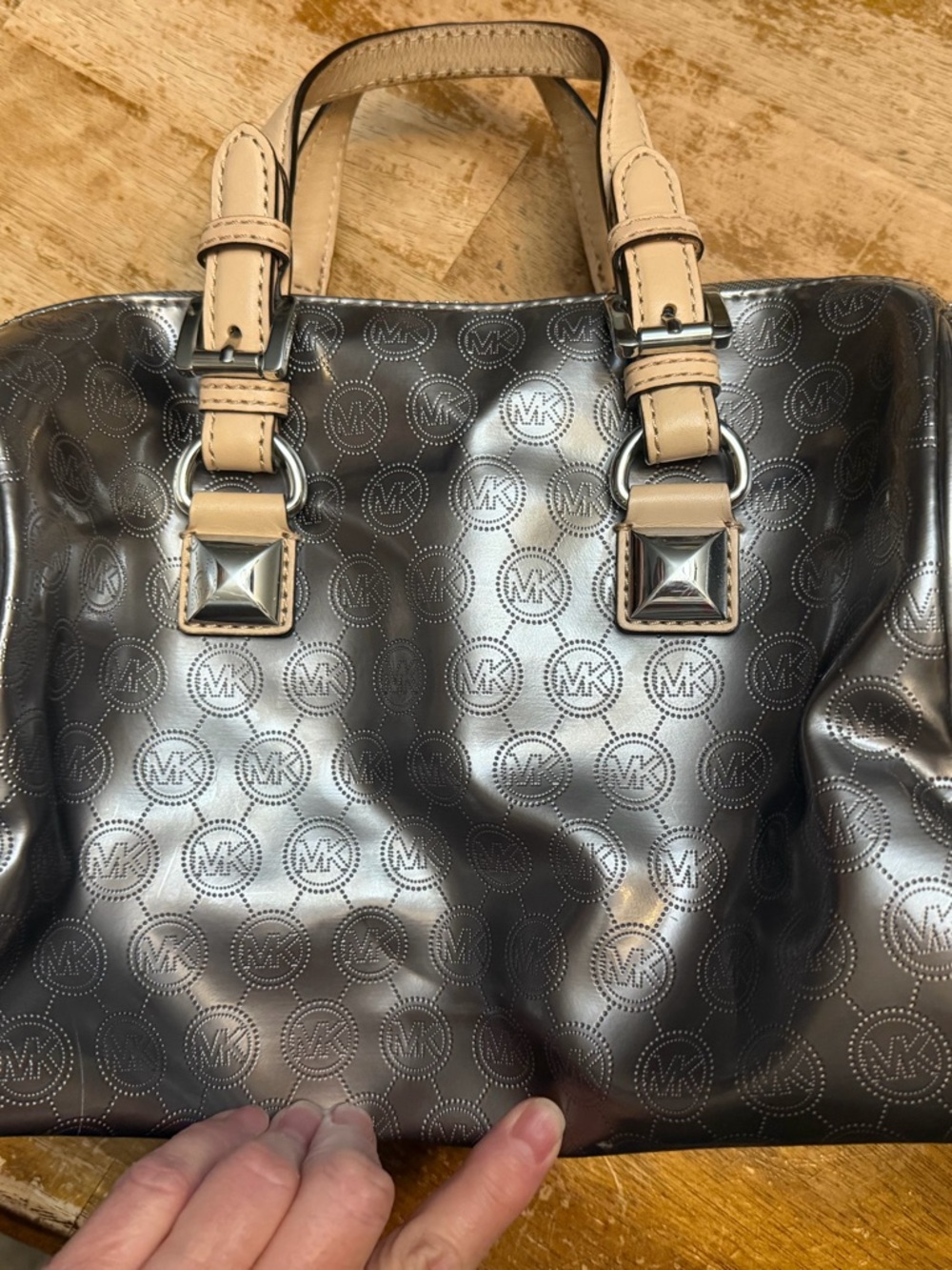 Michael Kors Metallic Mirror Logo Embossed Grayson Satchel Bag